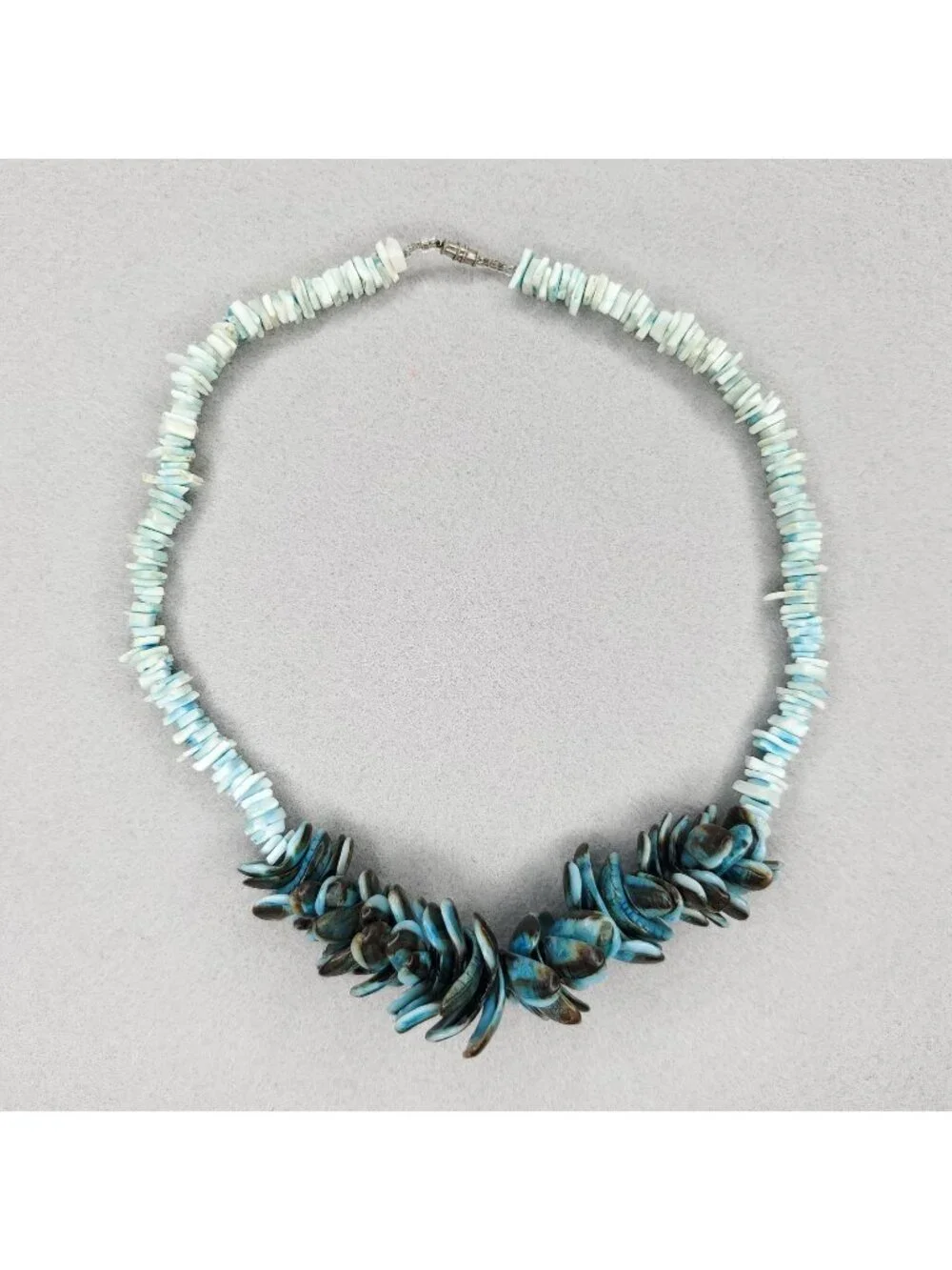 Vintage Beaded Shell Necklace Blue Beach Tiki Boho 16